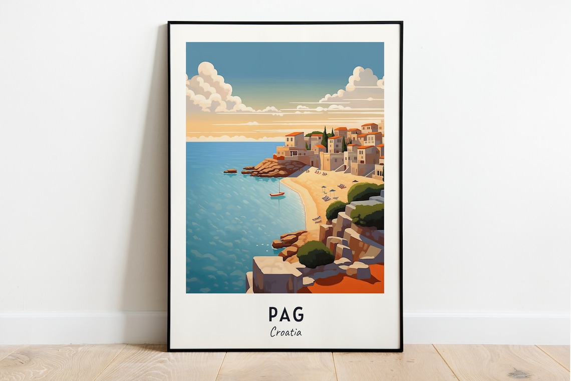 Pag Croatia Golden Hour Beach Town Sailboat Calm Blue Sea Poster