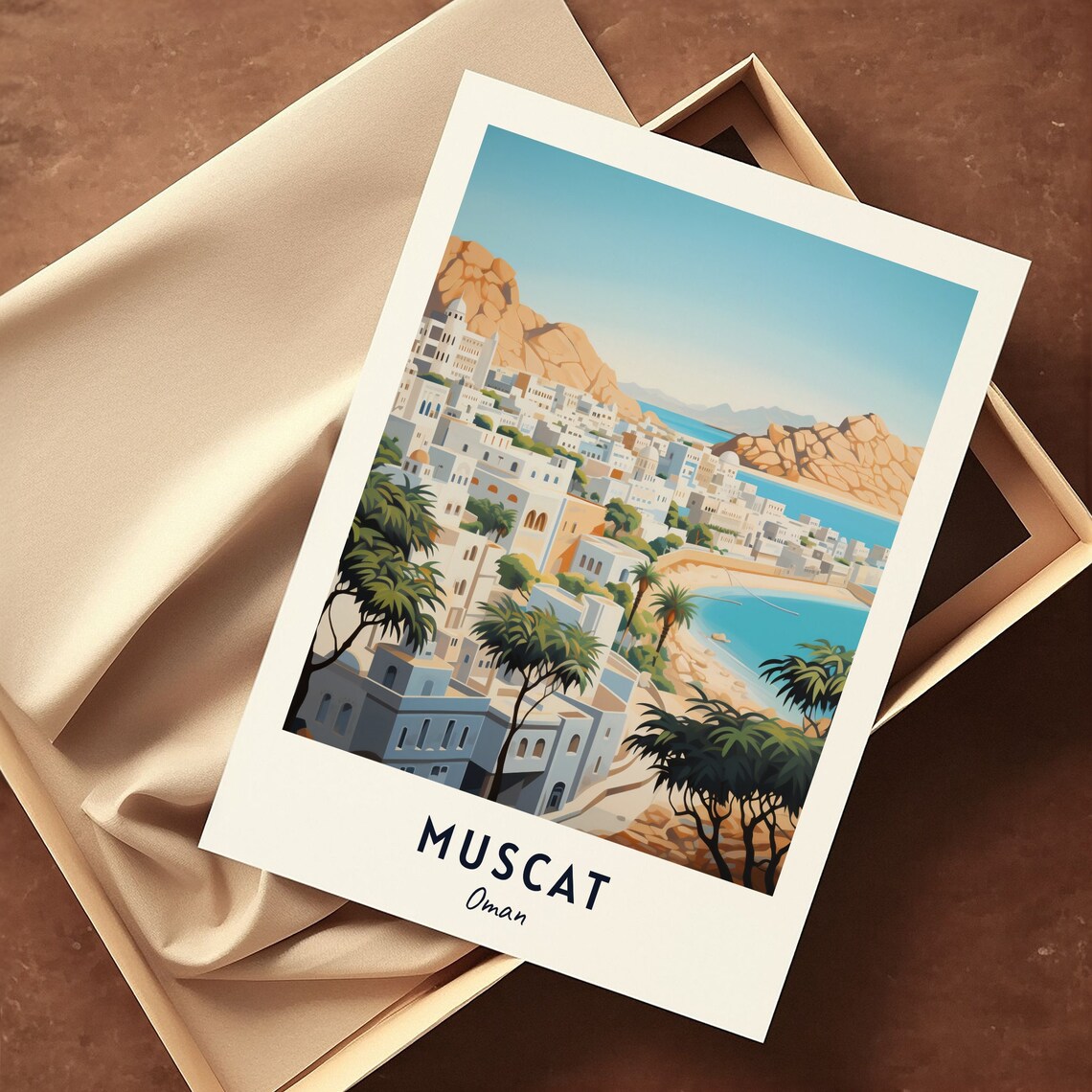 Muscat White Coastal Town Palms Rocky Hills Oman Travel Poster - Image 3