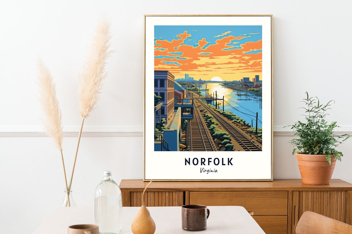Norfolk Waterfront Rail Tracks at Sunset Virginia Travel Poster - Image 2