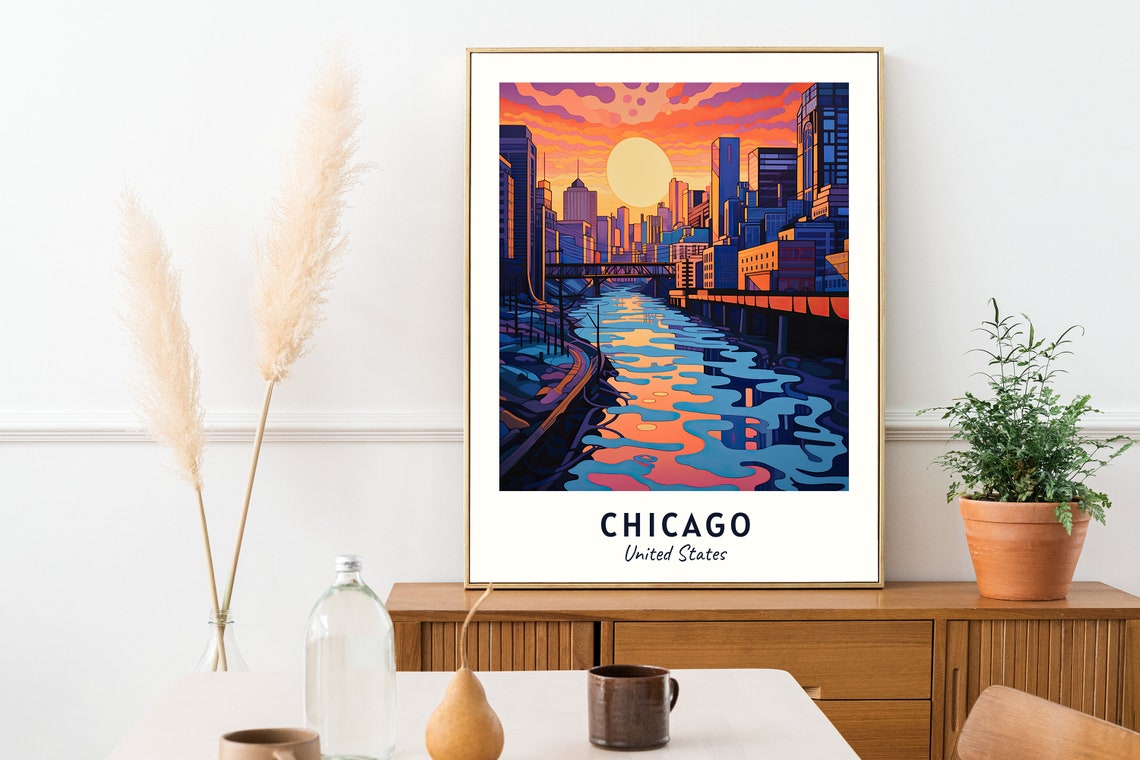 Chicago River Downtown Skyline Sunset Reflection Urban Travel Poster - Image 2