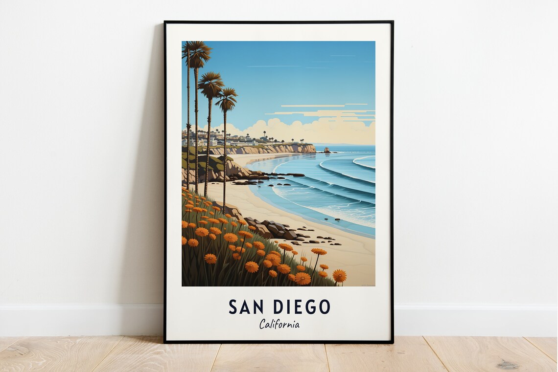 Sunny San Diego California Beach Palm Trees Wildflowers Coast Poster