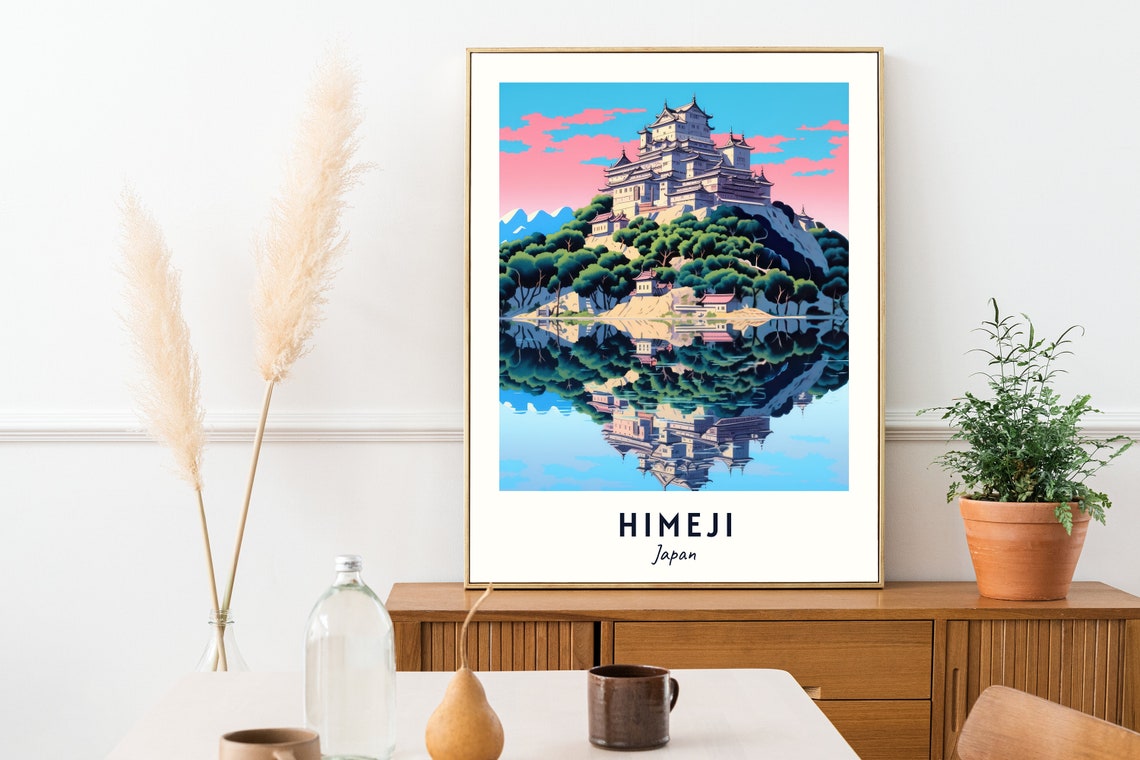 Himeji Japan White Castle Reflected In The Lake Pink Sky Travel Poster - Image 2