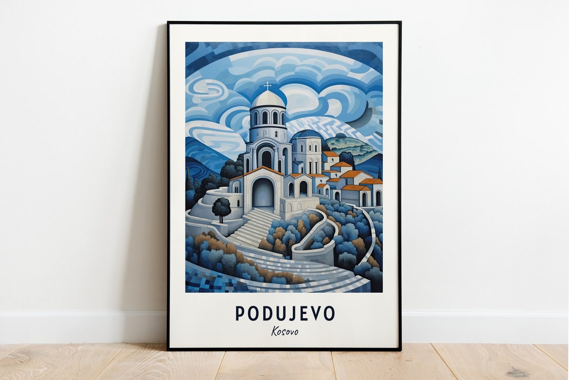 Podujevo Kosovo Hilltop Church Under Swirling Blue Sky Poster