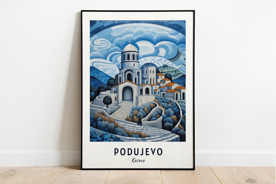 Podujevo Kosovo Hilltop Church Under Swirling Blue Sky Poster