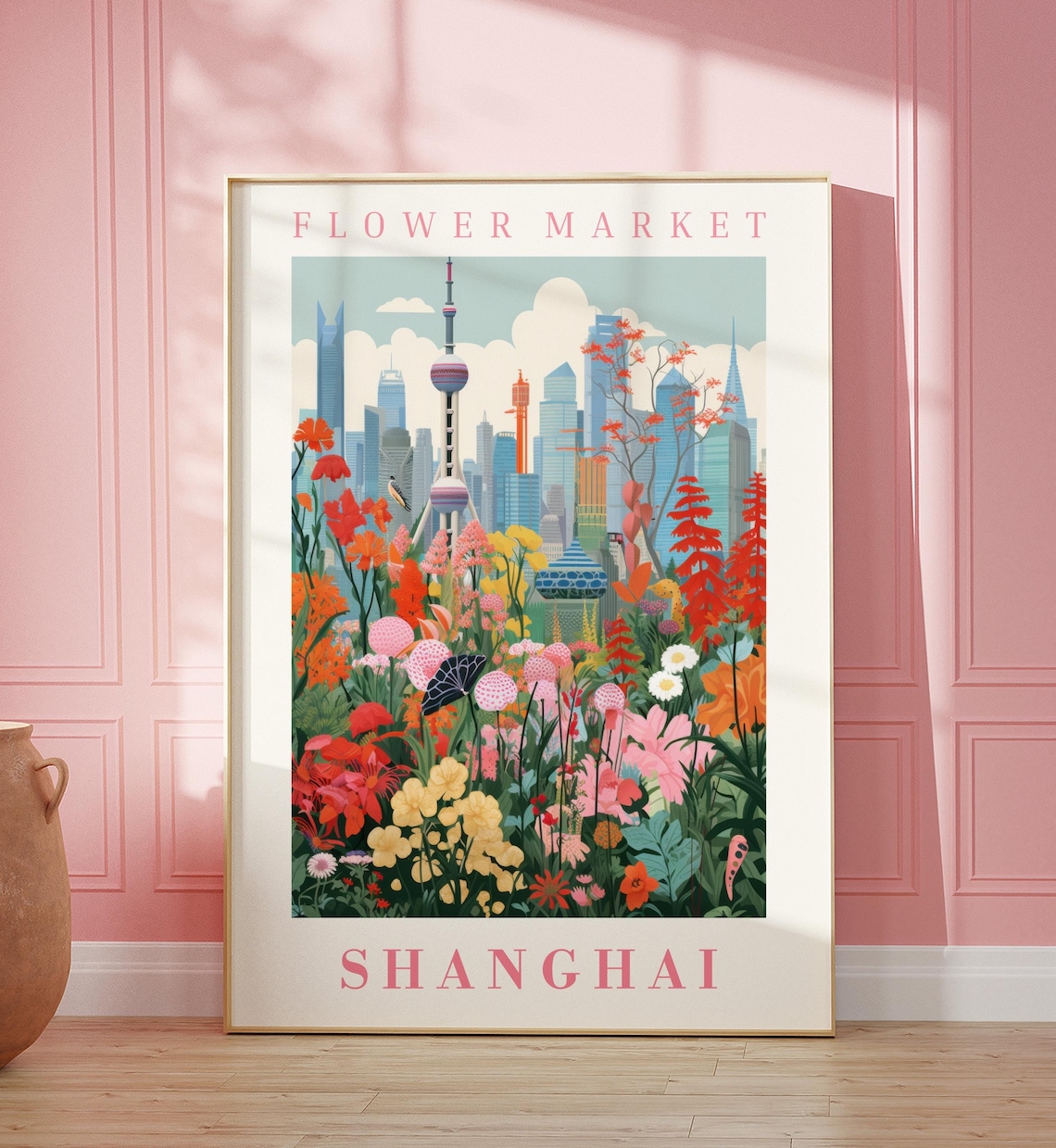 Shanghai Flower Market Pearl Tower Red Blossom Travel Poster