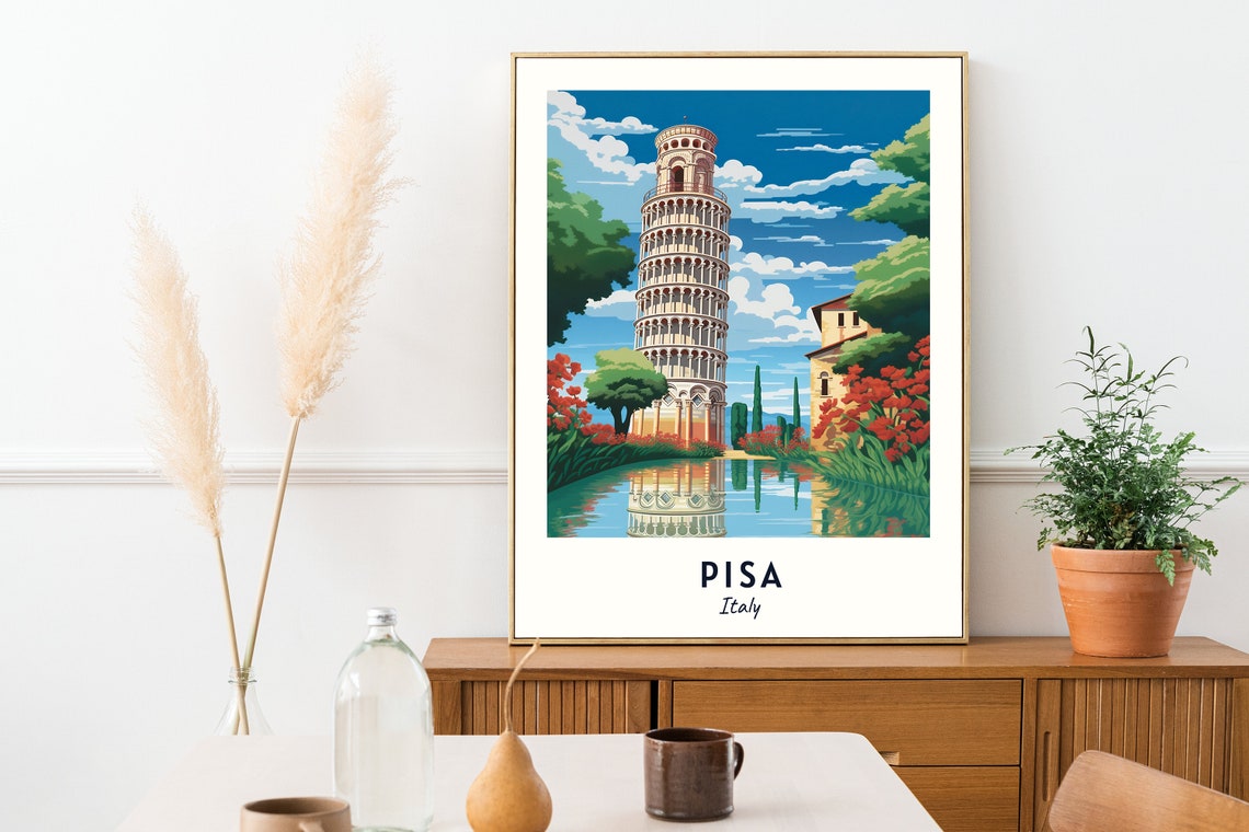 Pisa Italy Leaning Tower Reflection Classic Travel Poster Home Decor - Image 2