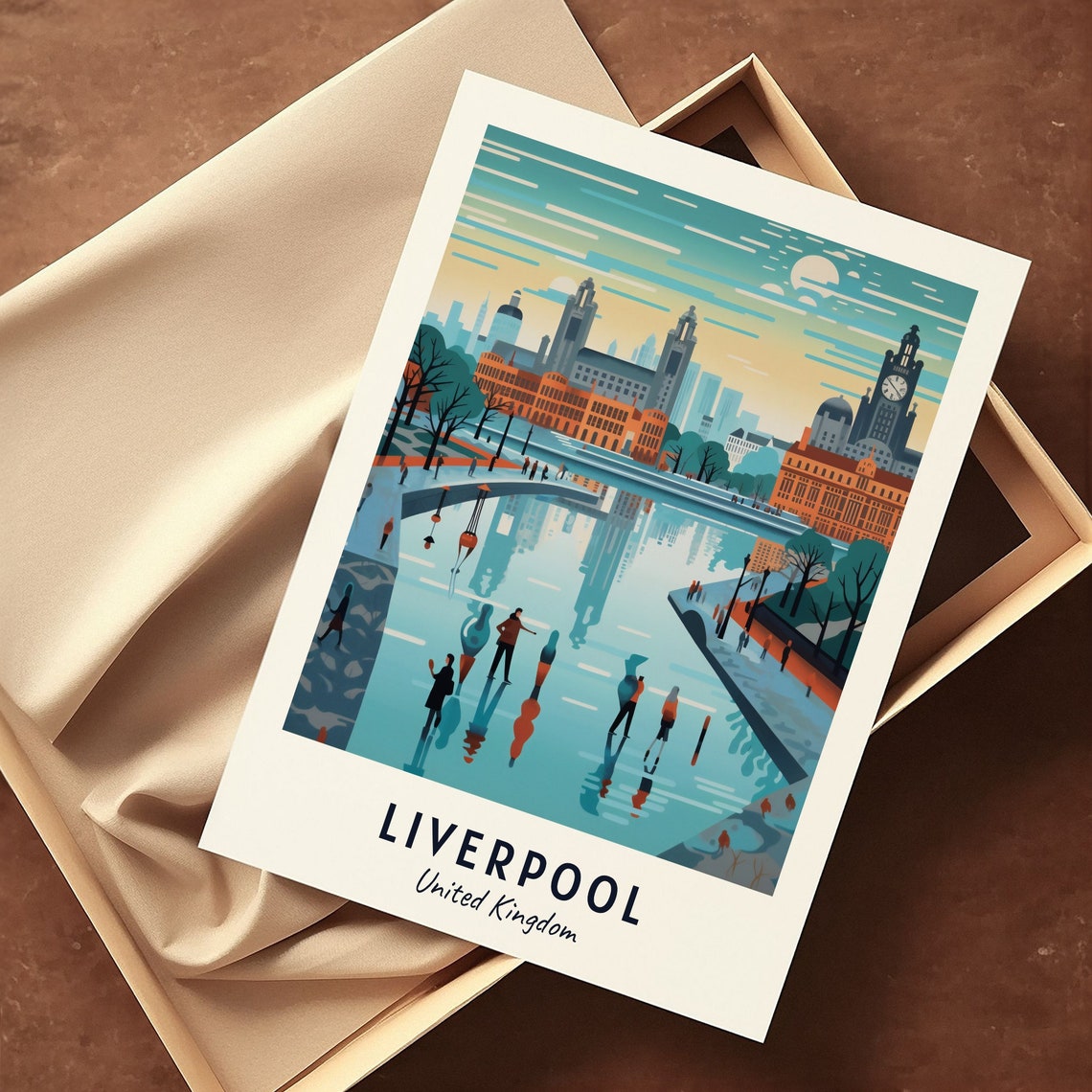 Liverpool Waterfront Skyline Winter Skating Rink Scene Travel Poster - Image 3