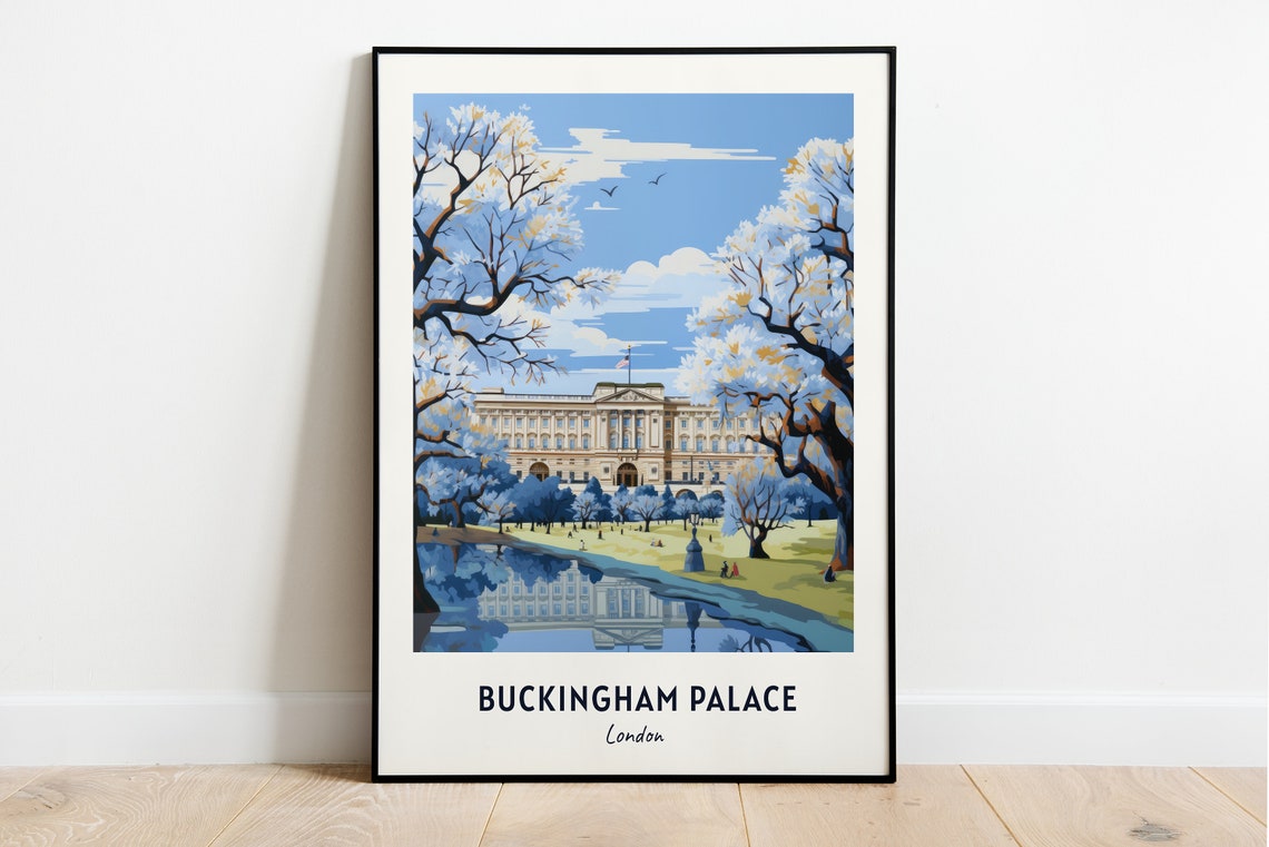 Buckingham Palace London Spring Blossom Park Lake Travel Poster