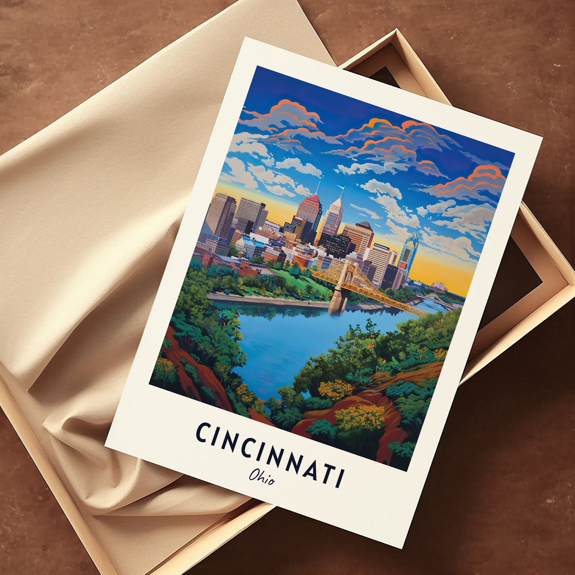 Cincinnati Skyline and Bridge Over the River at Sunset Ohio Poster - Image 3