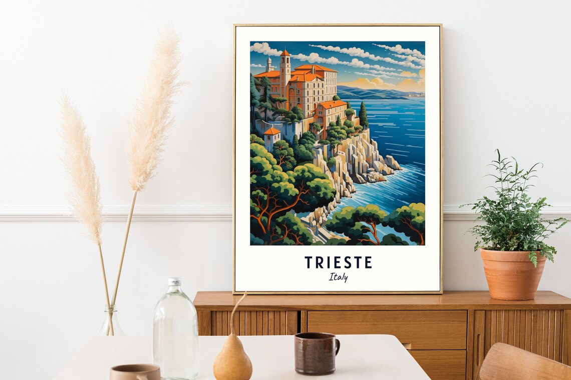 Trieste Italy Clifftop Palazzo Adriatic Sea View Travel Poster - Image 2