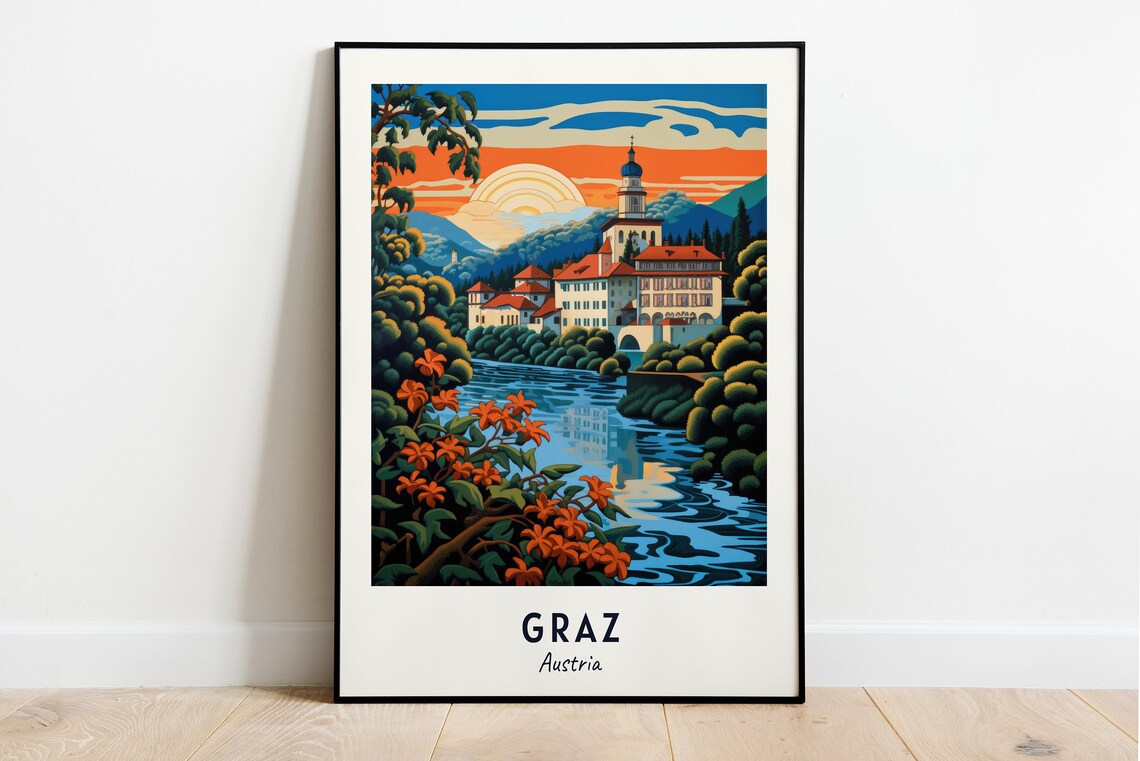 Riverside Monastery and Lilies at Sunset Graz Austria Travel Poster