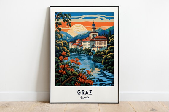 Riverside Monastery and Lilies at Sunset Graz Austria Travel Poster