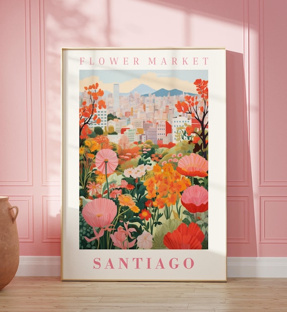 Santiago Flower Market Poster with Andes Skyline Poppy Garden