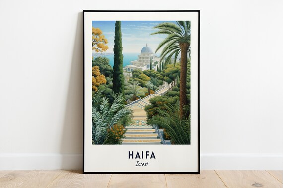 Haifa Israel Bahai Gardens Terraces Domed Shrine Palm Oasis Travel Poster