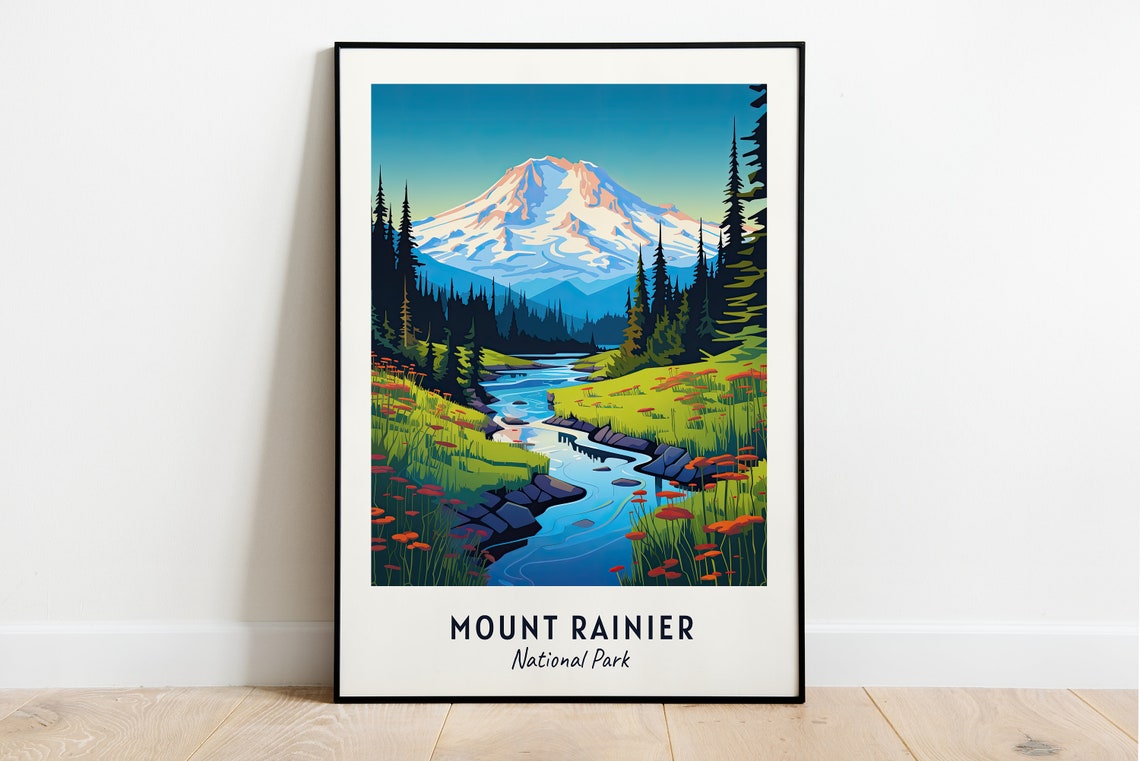 Mount Rainier National Park Snowcapped Peak Stream Travel Poster