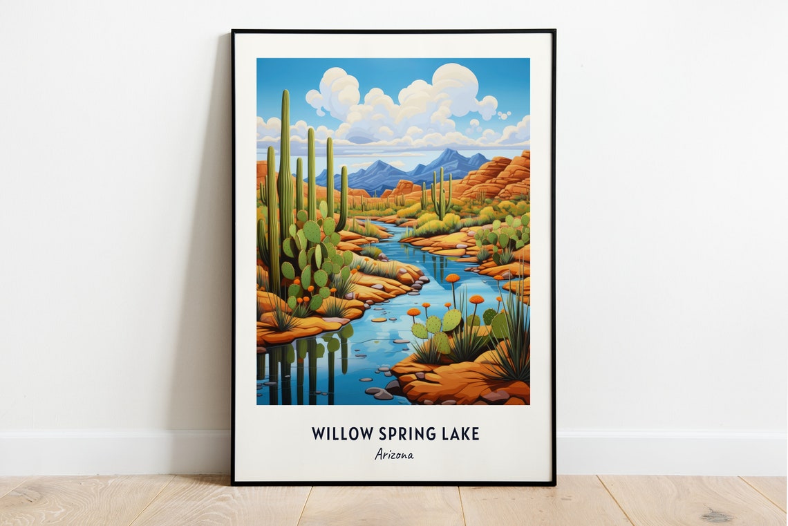Willow Spring Lake Arizona Desert Cactus Stream Landscape Poster