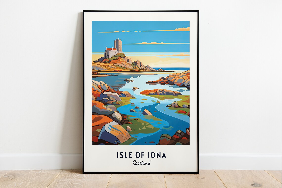 Isle of Iona Scotland Historic Abbey Rocky Shore Travel Poster