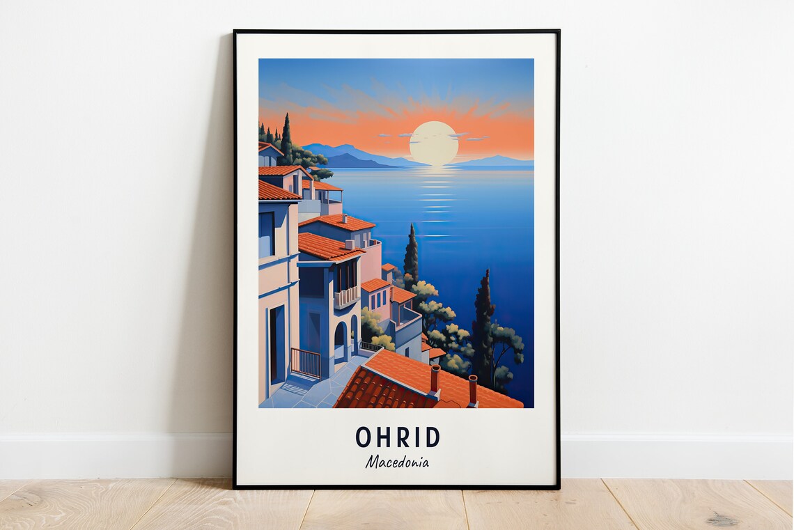 Ohrid Macedonia Lake Sunset Old Town Roofs Golden Hour Travel Poster