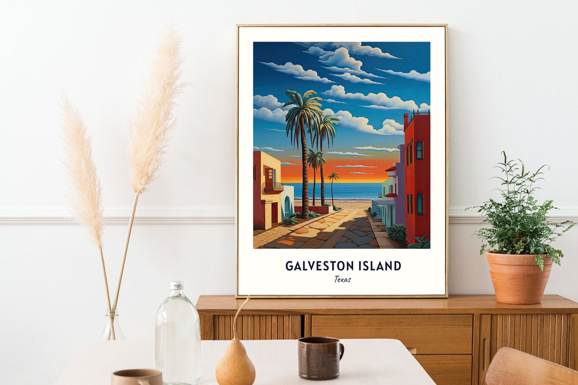 Galveston Island Texas Palm Tree Street Leading to Ocean Sunset Poster - Image 2