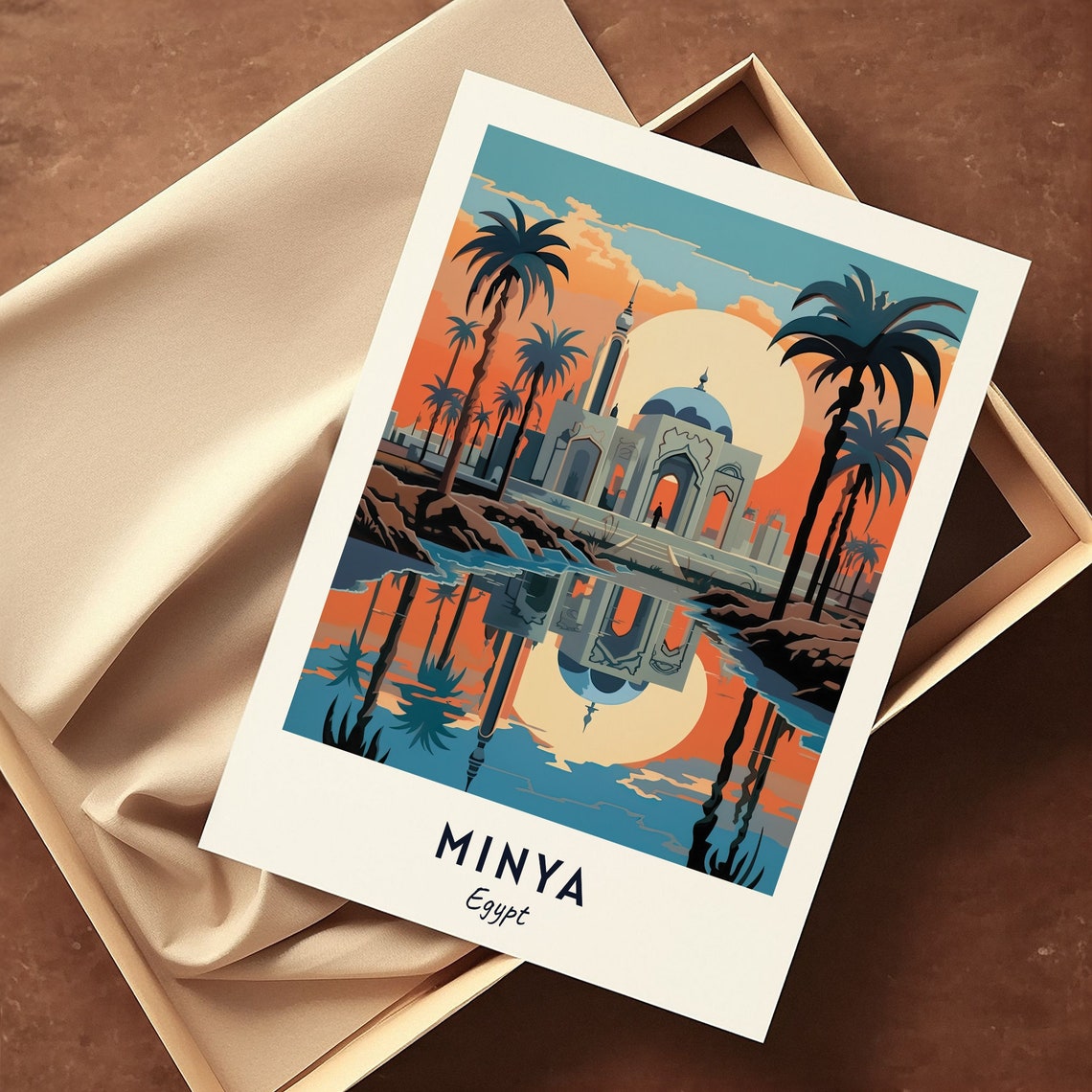 Minya Egypt Sunset Mosque Palm Trees River Reflection Poster - Image 3