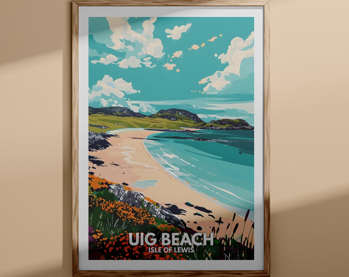 Uig Beach Isle of Lewis Pink Sand Turquoise Wildflowers Poster