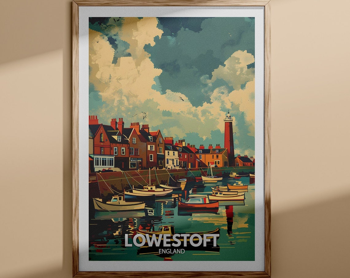 Lowestoft England Harbor Travel Poster Lighthouse Boats Illustration