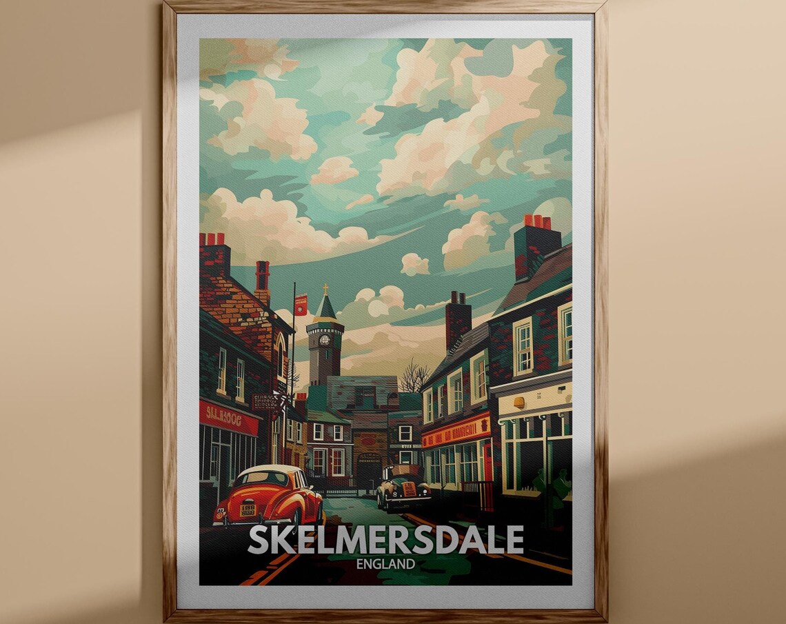Skelmersdale England Vintage High Street Classic Cars Poster