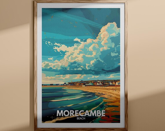 Morecambe Beach Travel Poster Wide Sands Dramatic Clouds Seaside