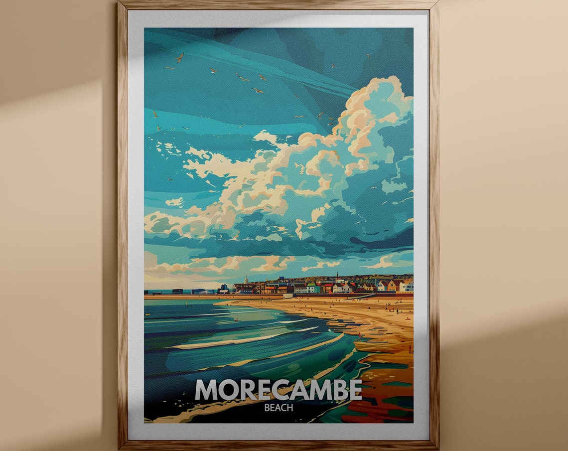 Morecambe Beach Travel Poster Wide Sands Dramatic Clouds Seaside
