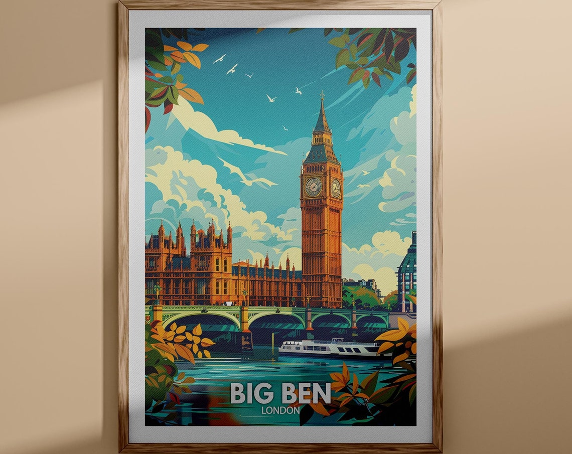 Big Ben London Travel Poster Clock Tower River Bridge Vintage Art