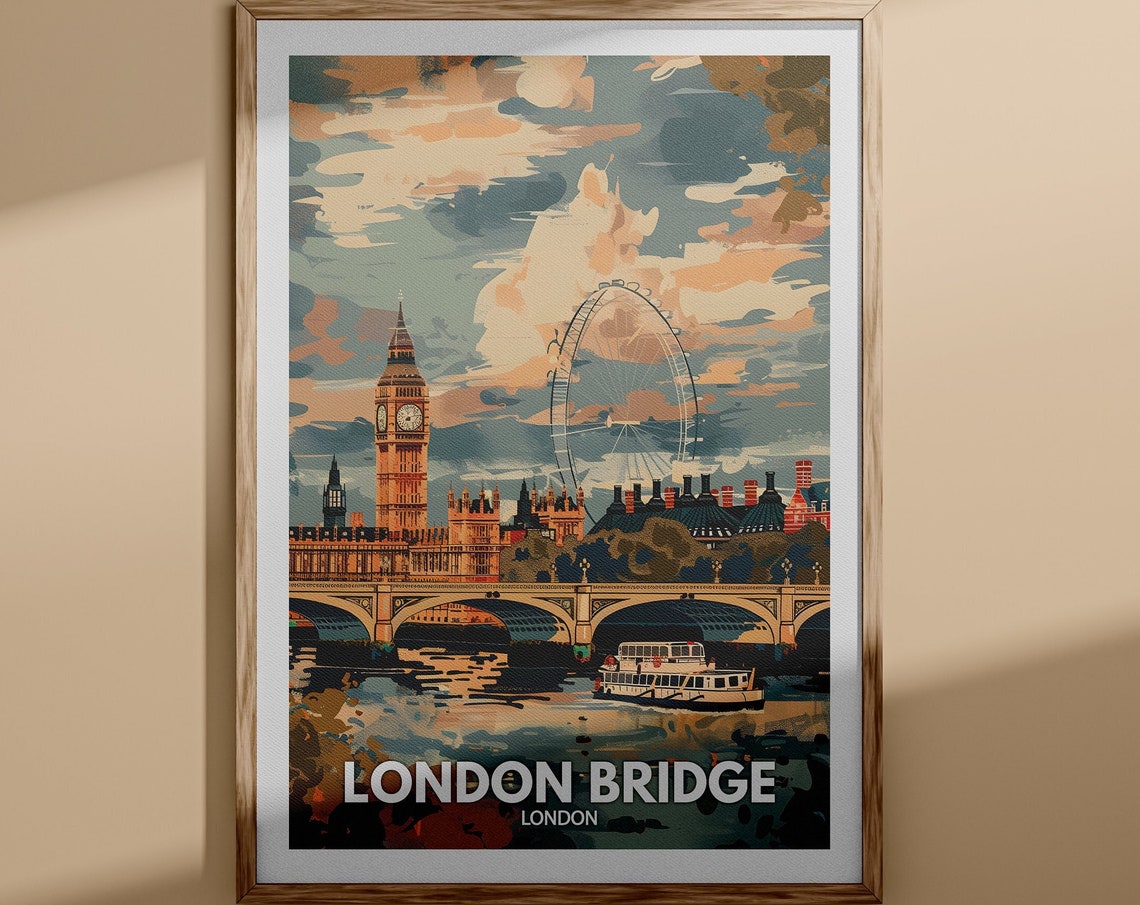 London Big Ben and London Eye Thames Sunset Vintage Travel Poster