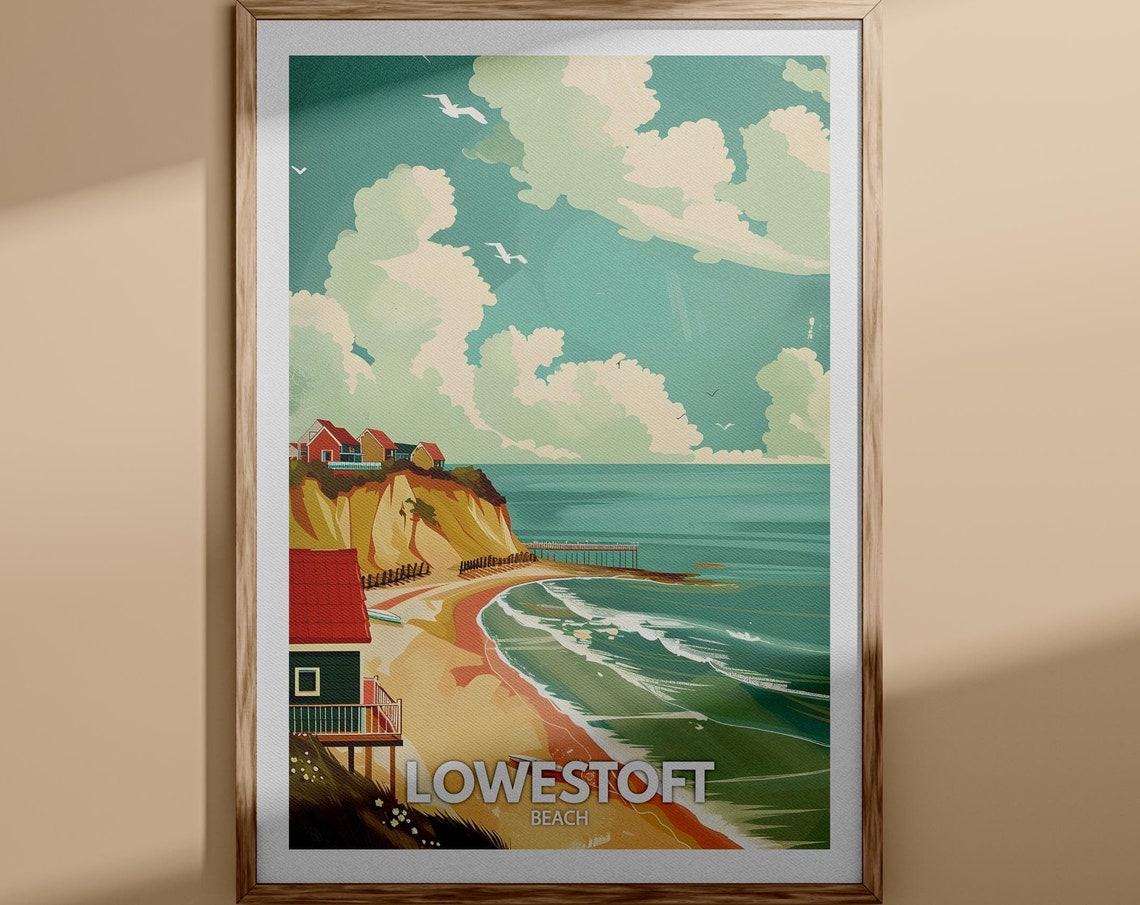 Lowestoft Suffolk Sunny Beach Cliffs Pier Seaside Holiday Poster