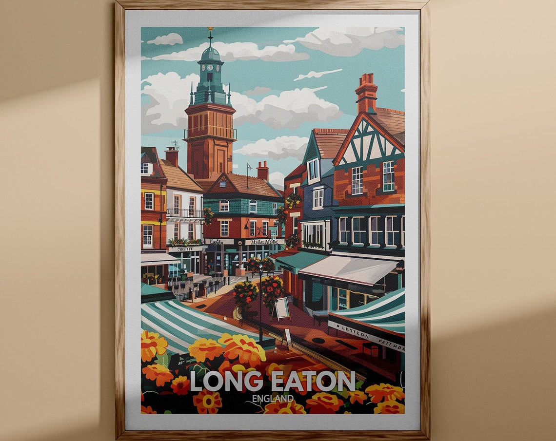 Long Eaton England Vintage Market Square Clock Tower Floral Poster