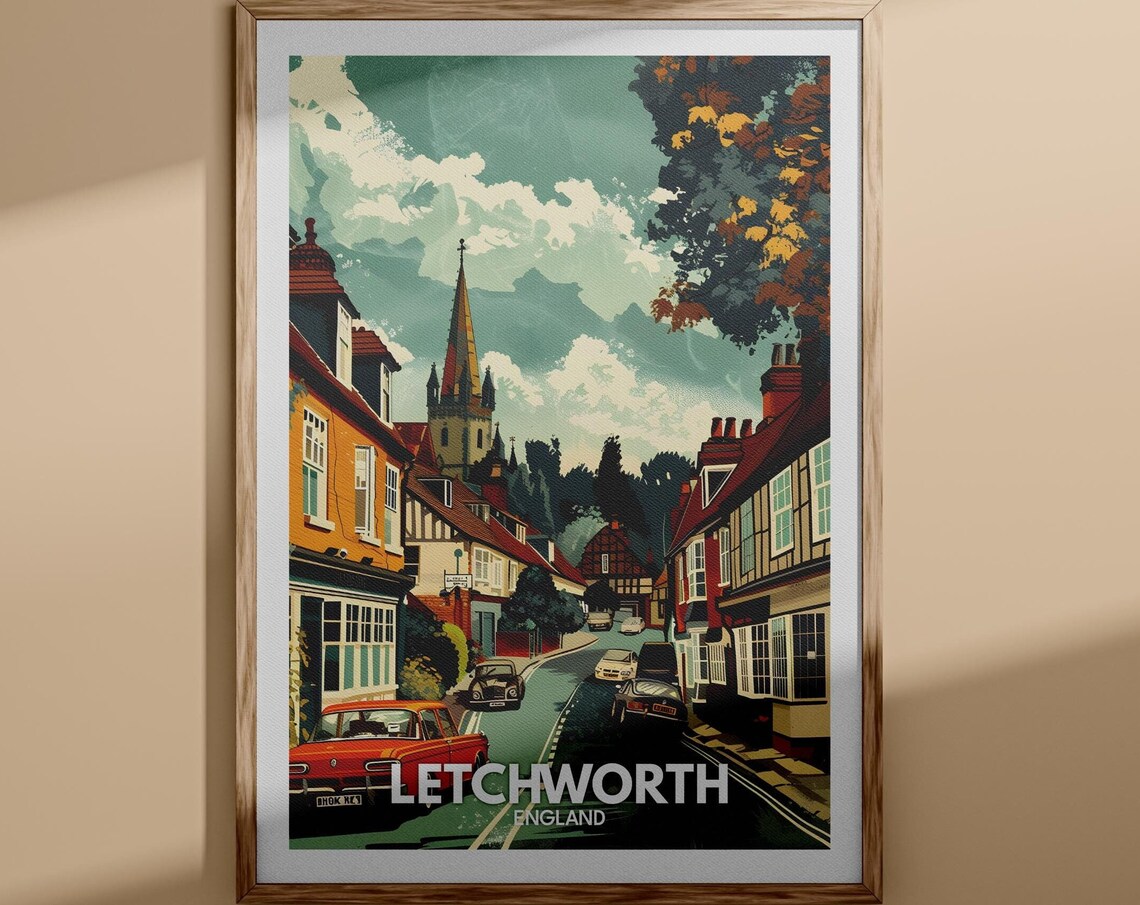 Letchworth England Garden City Street Vintage Cars Travel Poster