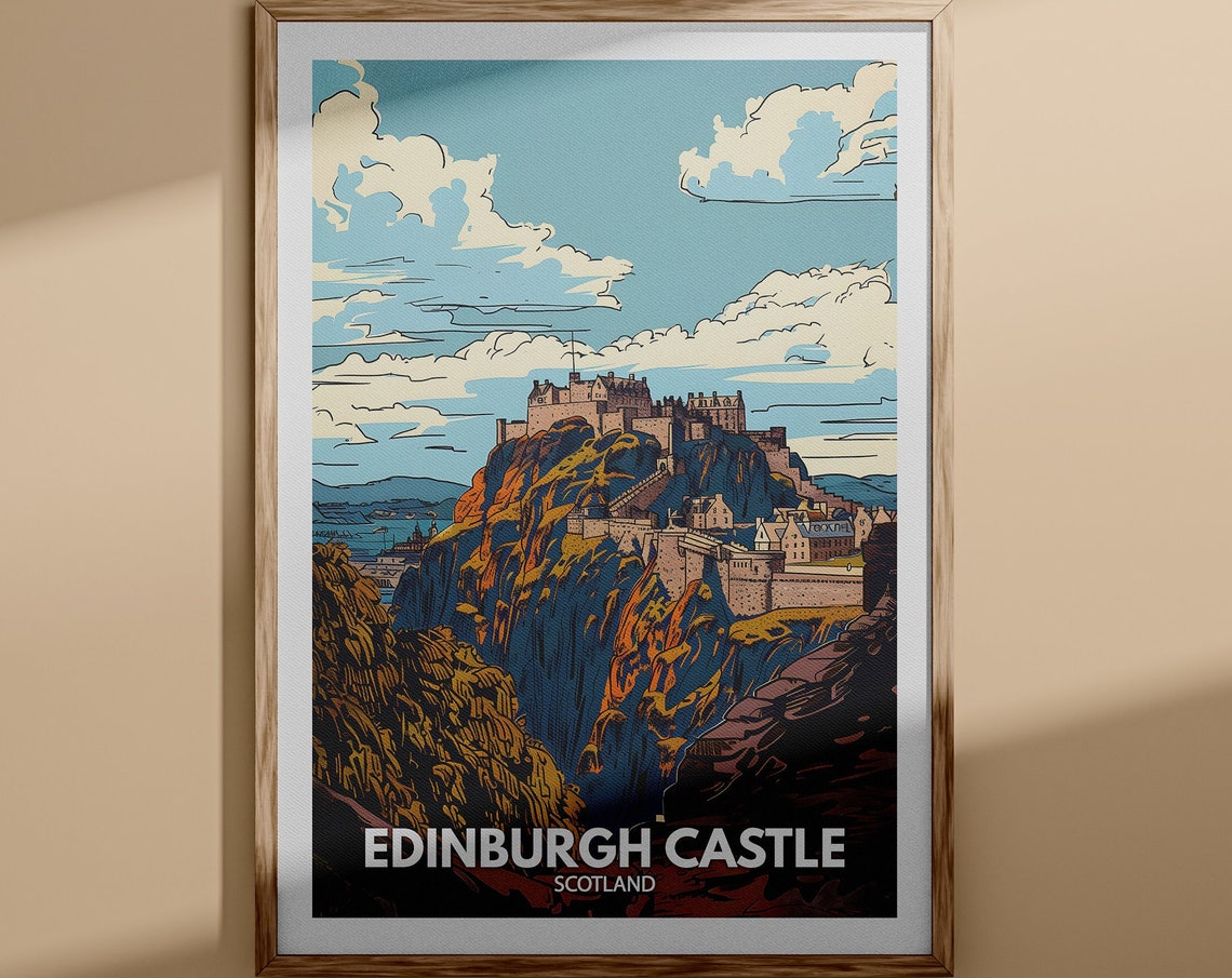Edinburgh Castle Scotland Hilltop Fortress Rocky Crag Vintage Poster