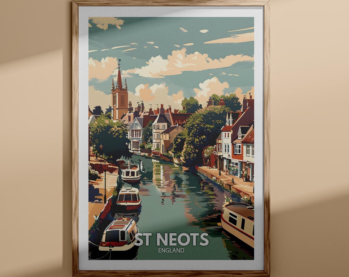St Neots England Riverside Boats Historic Town Classic Travel Poster