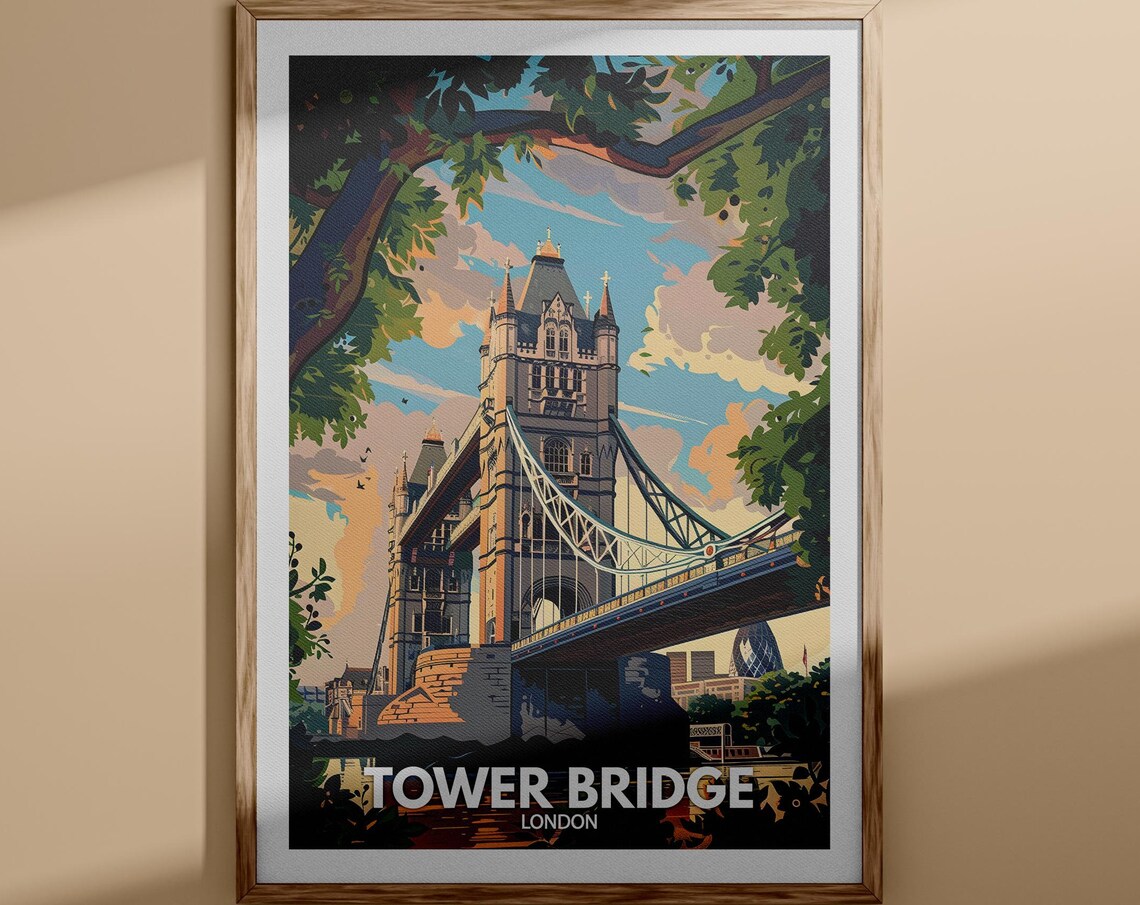 London Tower Bridge Thames Iconic Landmark Vintage Travel Poster