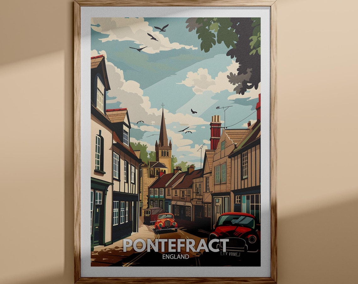 Pontefract England Old Town Street Church Spire Travel Poster