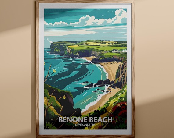 Benone Beach Londonderry Vintage Travel Poster Rugged Coast Scene