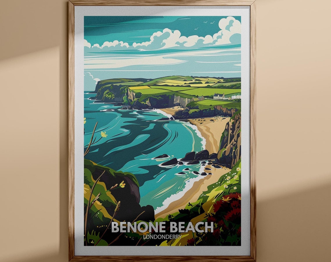 Benone Beach Londonderry Vintage Travel Poster Rugged Coast Scene