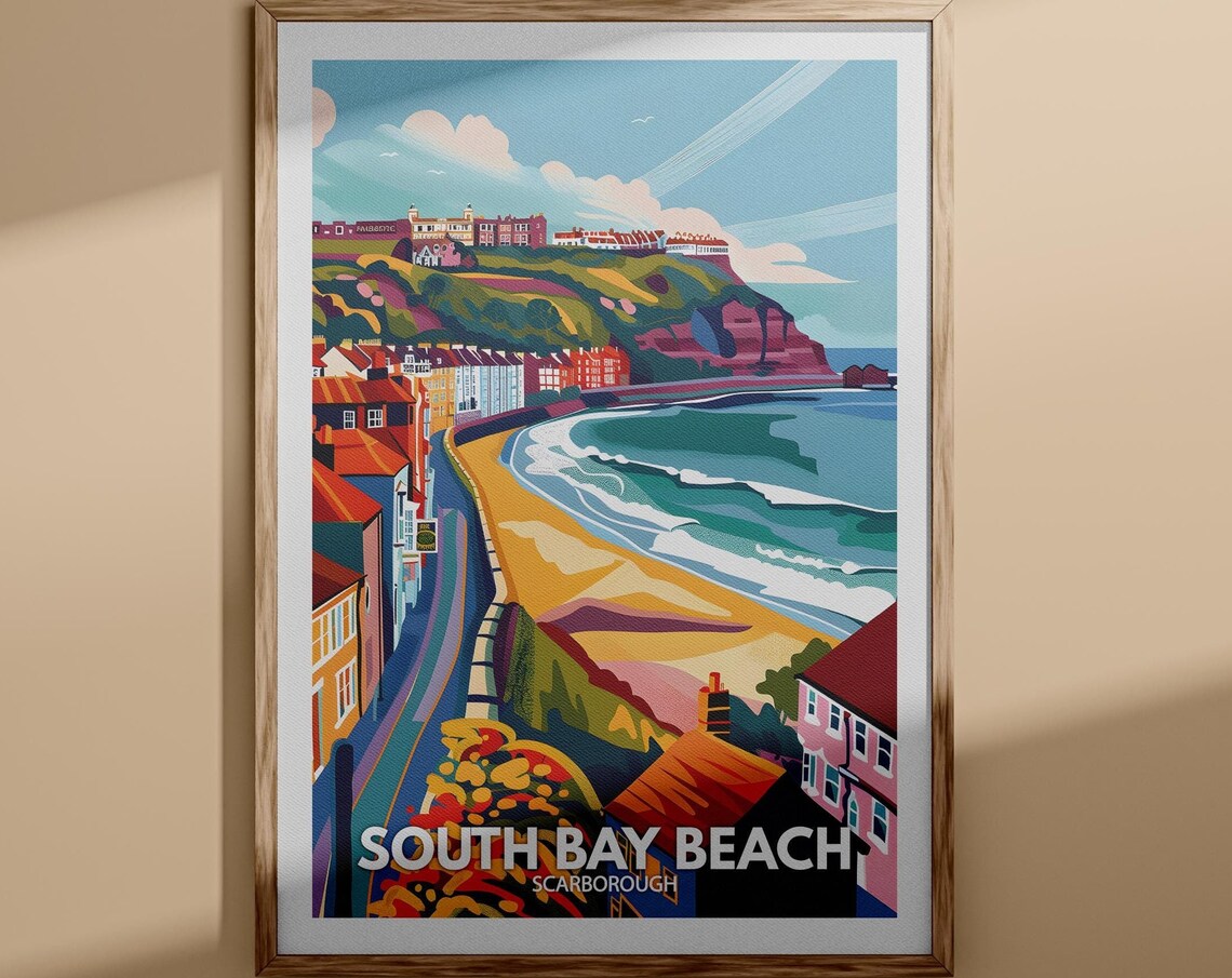 South Bay Beach Print South Bay Beach Poster Scarborough Travel Poster Scarborough Wall Art Print England Beach Art Uk Natural Prints