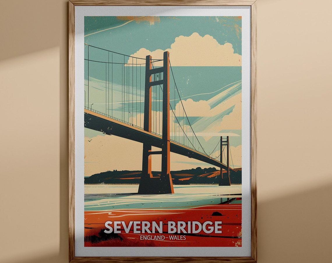 Severn Bridge England Wales Travel Poster Suspension Bridge View