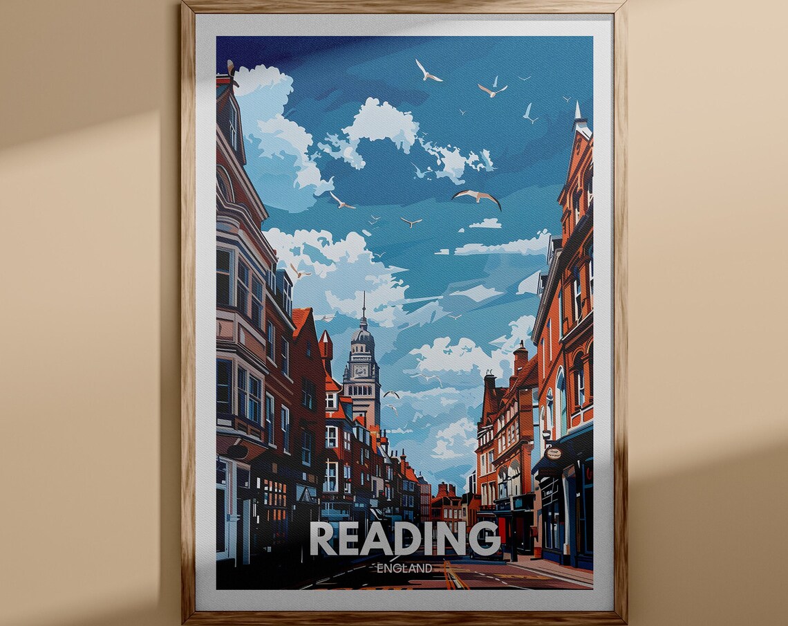 Reading England Vintage Busy High Street Clock Tower View Poster