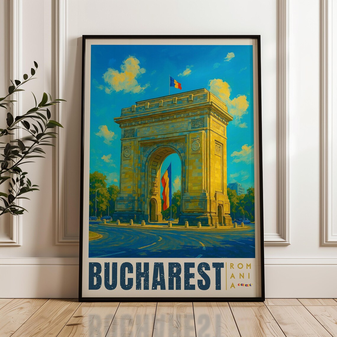 Bucharest Romania Travel Poster Arcul De Triumf Illustration