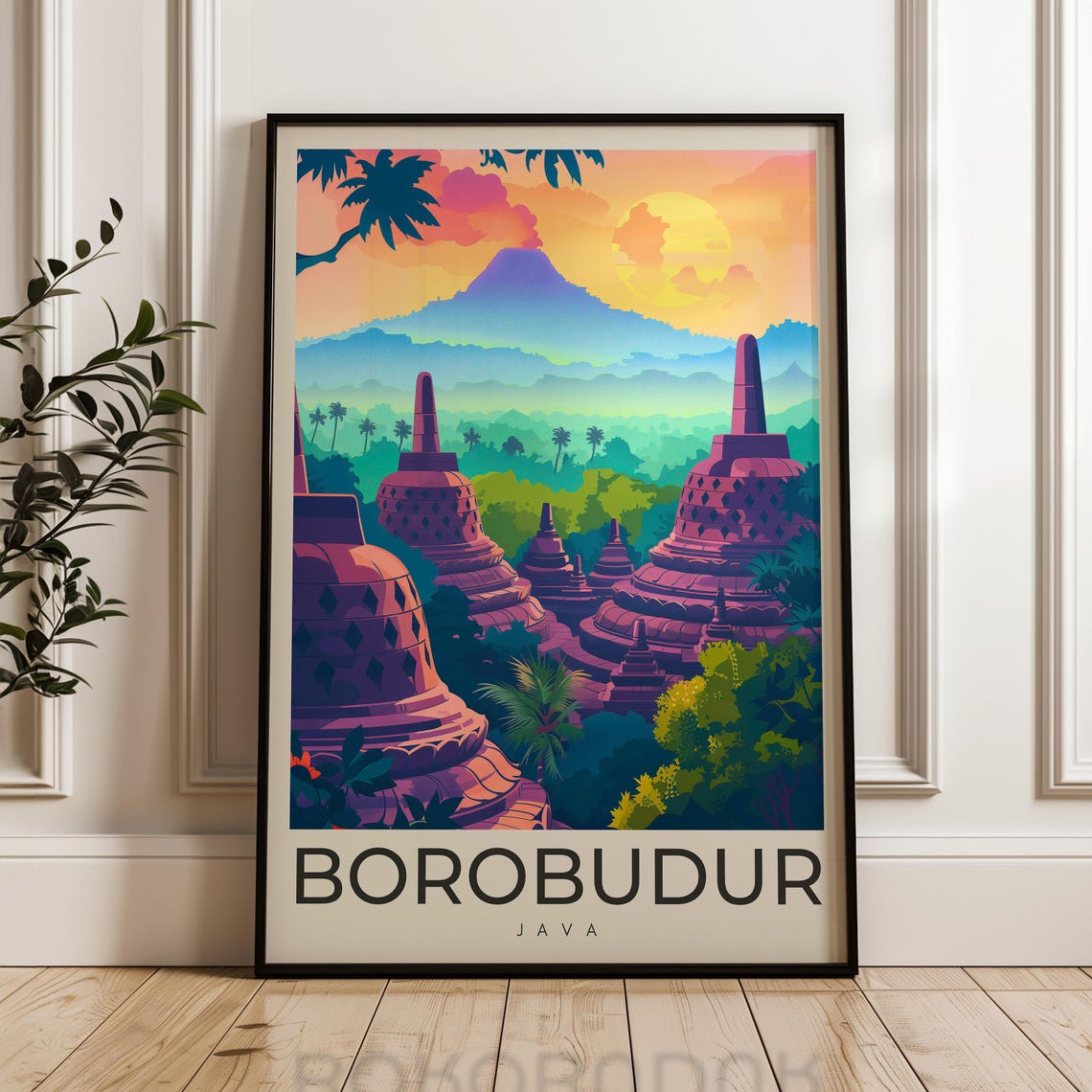 Borobudur Java Sunset Temple Stupas Volcano Colorful Travel Poster
