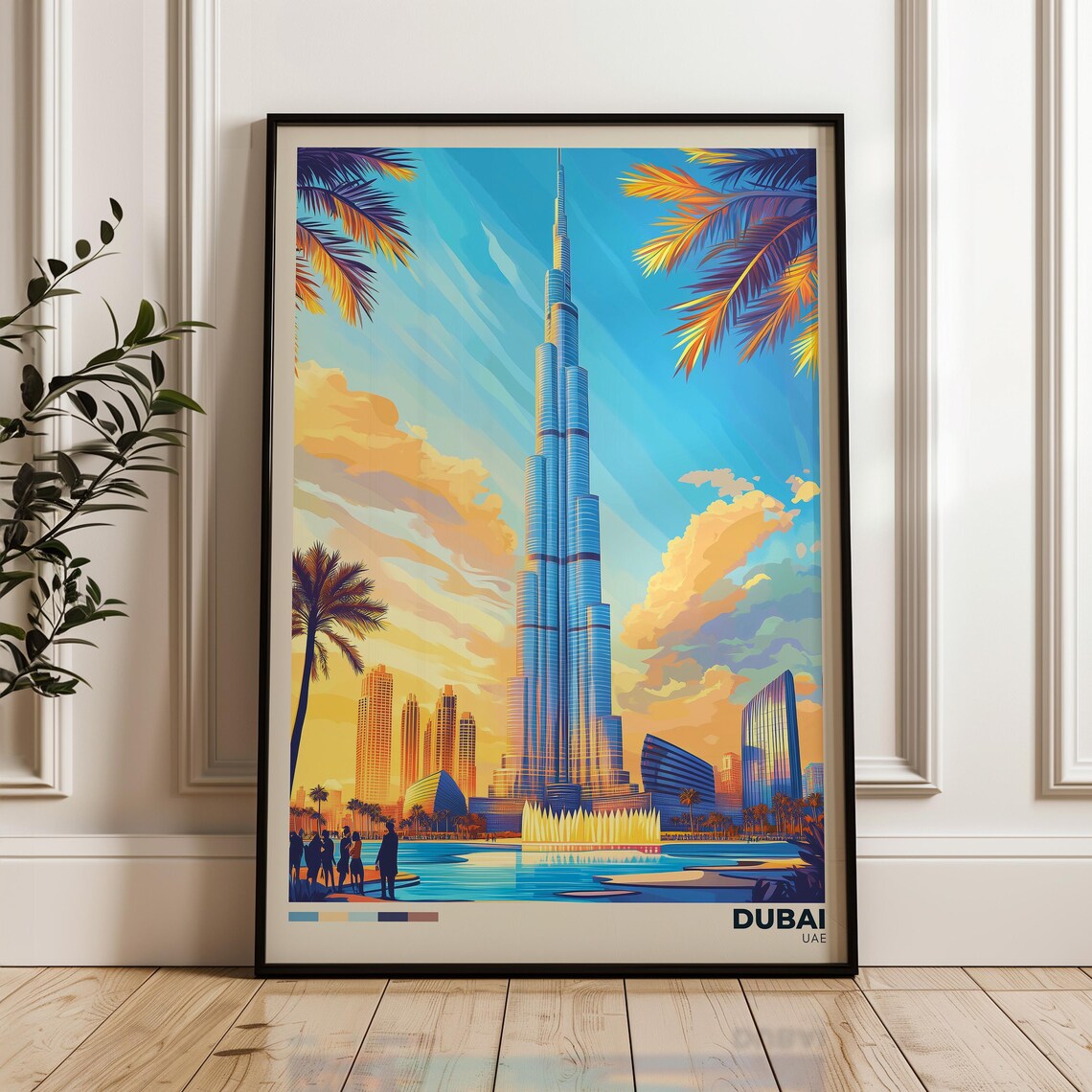 Burj Khalifa at Sunset with Fountains and Palms Dubai UAE Poster