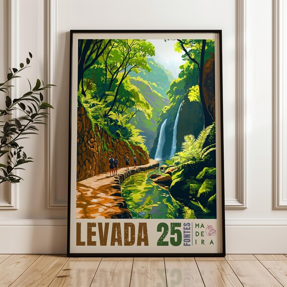 Levada 25 Forest Travel Poster, Portugal Hiking Illustration