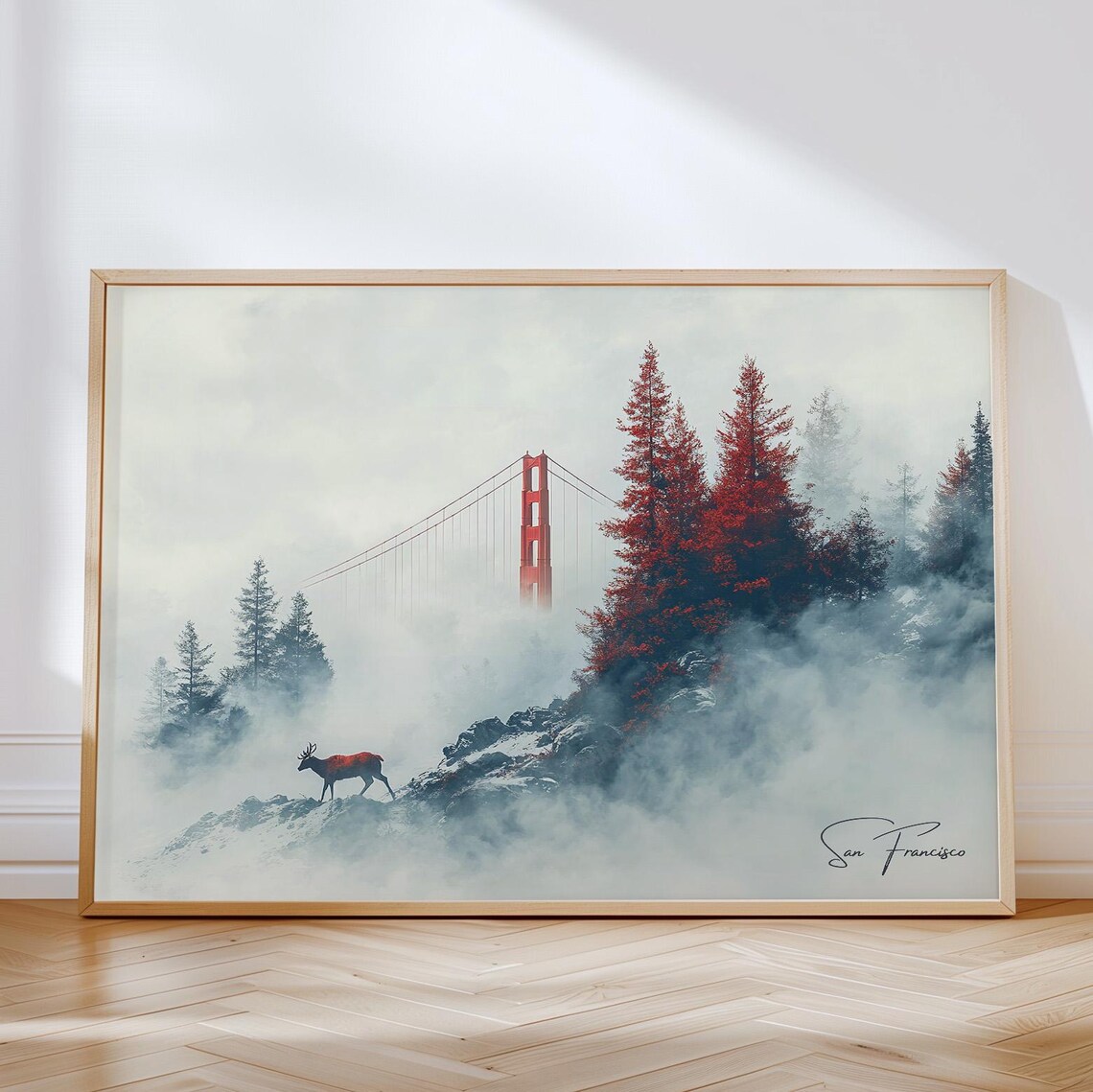 Golden Gate Bridge Fog Print Moody San Francisco Art With Deer