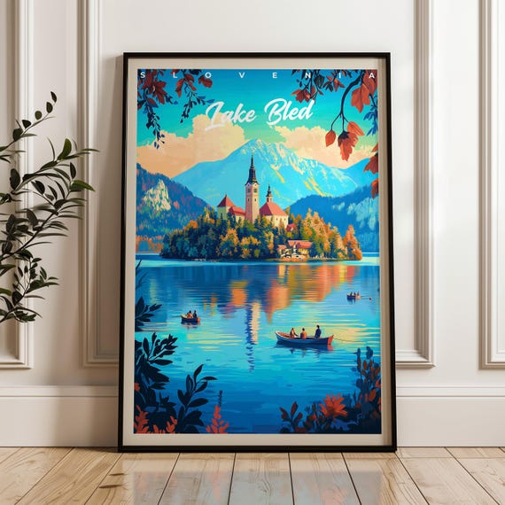Lake Bled Travel Poster, Slovenia Illustration