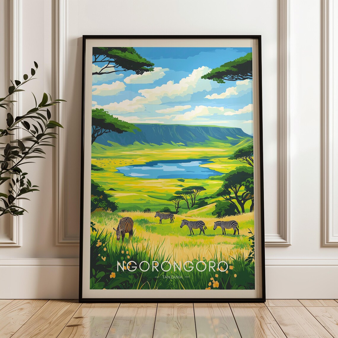 Ngorongoro Tanzania Crater Zebra Savanna Vintage Travel Poster